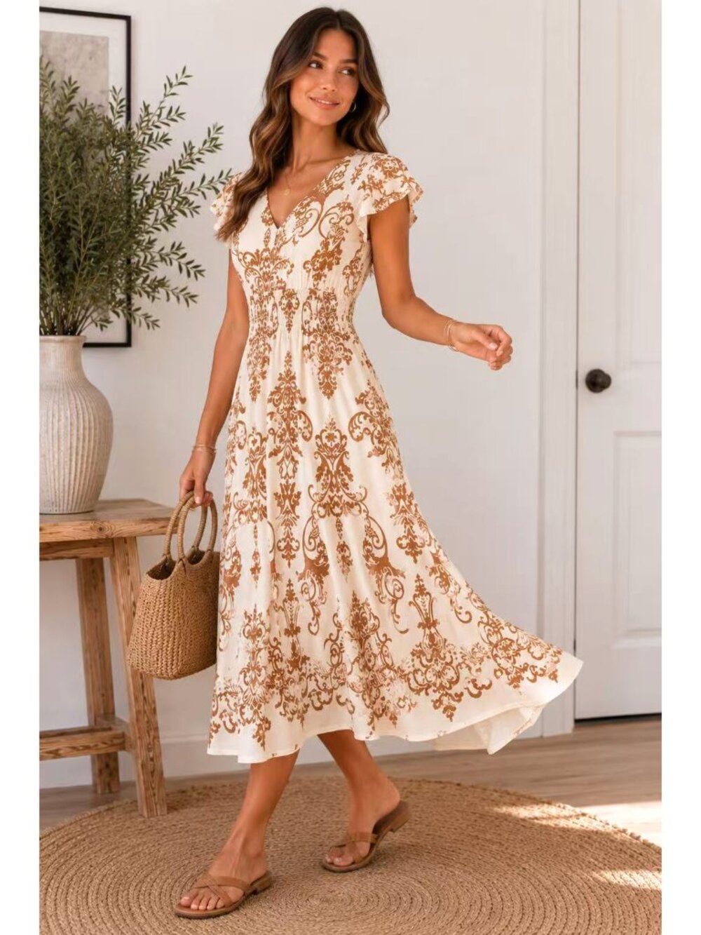Women Fashion Floral Printed V-Neck Cotton Maxi Dress - Small